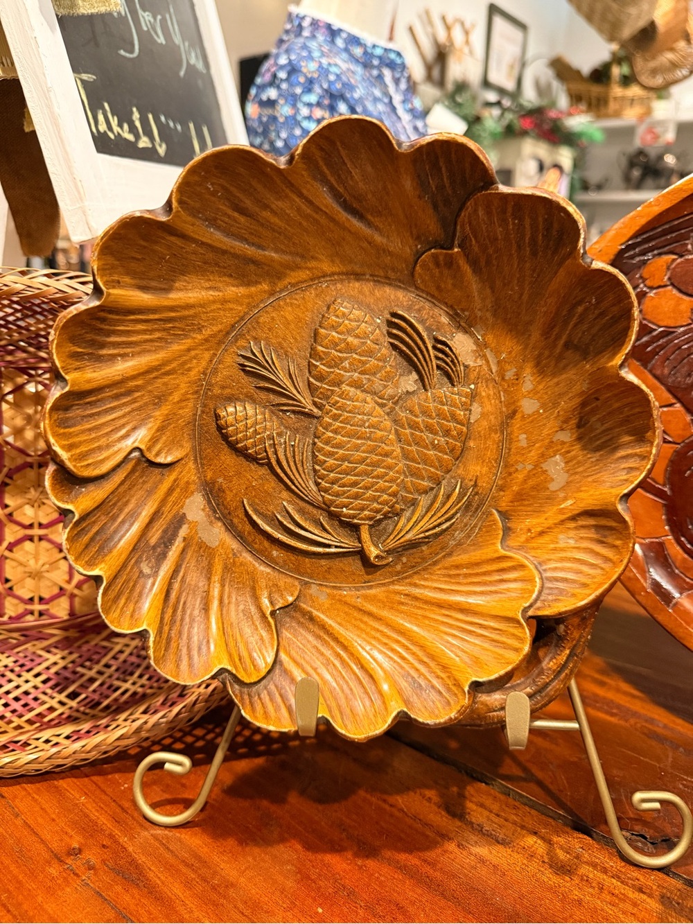 Decorative Pinecone Carved Wooden Bowl - Brown